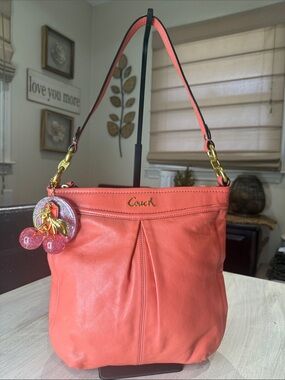 Vintage Y2K Coach Coral-Peach Leather Shoulder Bag with Leather Cherry Charm